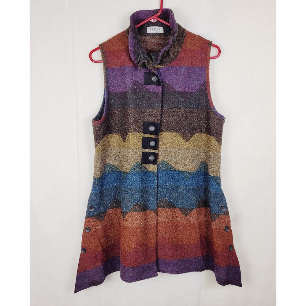 Terra striped ruffled high collar asymmetric hem tunic vest womens Med western